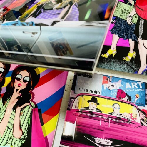 Samples in small format to show colors of the four artworks, comissioned by the Quartier 205, a well known shopping mall in the heart of Berlin.