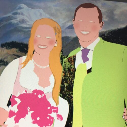 commission work, portrait, couple, bavarian traditional costumes, work process, without black the black layer, without black outlines, nina nolte