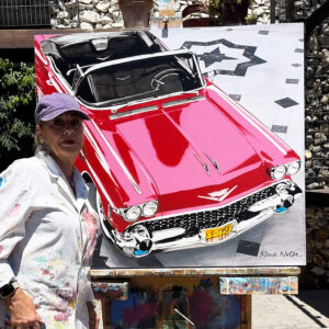 my red rhapsody cadillac, nina nolte, original, easel, acrylic on canvas, lascaux, faber castell, classic car, cadillac convertible, red, fifties, cuba, mac museum