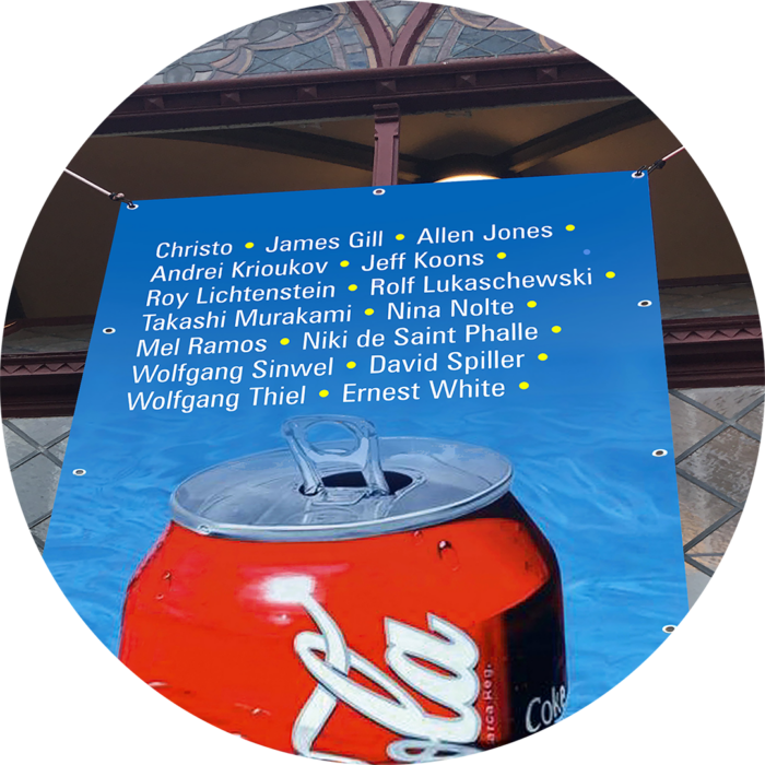 coke can on my pool, banner, exhibition, popsommer, sankt johann, germany, galerie wild, christo, james gill, allen jones, roy lichtenstein, rolf lukaschewski, takashi murakami, nina nolte, mel ramos, niki de saint phalle, wolfgang sinwel, david spiller, wolfgang thiel, ernest white